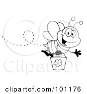 Royalty Free RF Clipart Illustration Of A Black And White Honey Bee Flying With A Bucket And Waving
