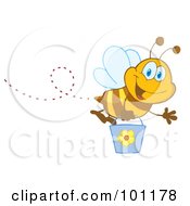Royalty Free RF Clipart Illustration Of A Happy Honey Bee Flying With A Bucket And Waving