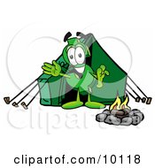 Dollar Sign Mascot Cartoon Character Camping With A Tent And Fire