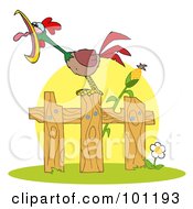 Poster, Art Print Of Loud Rooster On A Wood Fence By A Corn Stalk
