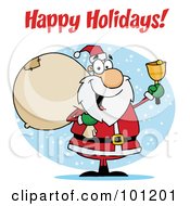 Poster, Art Print Of Happy Holidays Greeting With Santa Ringing A Bell And Holding A Sack