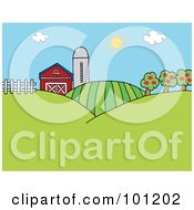 Poster, Art Print Of The Sun Above A Silo Barn Orchard Hills And Crops On A Farm
