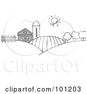 Royalty Free RF Clipart Illustration Of A Coloring Page Outline Of Rolling Hills A Farm And Silo On Farm Land by Hit Toon