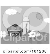 Royalty Free RF Clipart Illustration Of A Grayscale Cow On A Hill Near A Silo And Barn