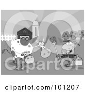 Royalty Free RF Clipart Illustration Of A Grayscale Farmer Tending To His Cattle On His Farm
