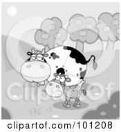 Poster, Art Print Of Grayscale Baby And Mommy Cow Standing In A Pasture By An Orchard