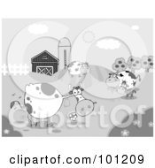 Poster, Art Print Of Grayscale Grazing Cattle Near A Barn And Silo