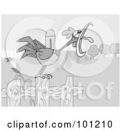 Royalty Free RF Clipart Illustration Of A Grayscale Rooster Crowing On A Fence At The Edge Of A Pasture by Hit Toon