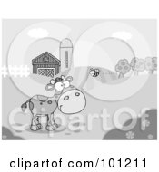 Royalty Free RF Clipart Illustration Of A Grayscale Bee Flying Towards A Lone Young Cow In A Pasture