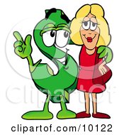 Dollar Sign Mascot Cartoon Character Talking To A Pretty Blond Woman by Mascot Junction