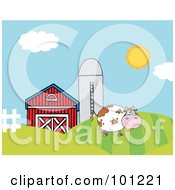 Royalty Free RF Clipart Illustration Of A Lone Cow On A Hill Near A Silo And Barn