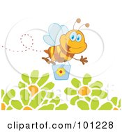 Happy Honey Bee Flying With A Bucket Over Flowers