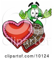 Dollar Sign Mascot Cartoon Character With An Open Box Of Valentines Day Chocolate Candies