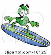Poster, Art Print Of Dollar Sign Mascot Cartoon Character Surfing On A Blue And Yellow Surfboard