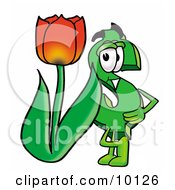 Dollar Sign Mascot Cartoon Character With A Red Tulip Flower In The Spring