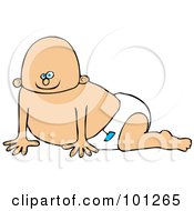 Poster, Art Print Of Caucasian Baby Boy Crawling In A Diaper With A Blue Sticker