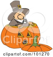 Poster, Art Print Of Thanksgiving Pilgrim Standing In A Giant Pumpkin