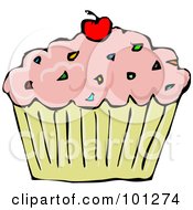 Royalty Free RF Clipart Illustration Of A Strawberry Frosted Cupcake With Sprinkles And A Cherry