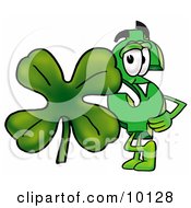 Poster, Art Print Of Dollar Sign Mascot Cartoon Character With A Green Four Leaf Clover On St Paddys Or St Patricks Day