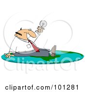 Businessman Sitting On On A Flat Globe And Holding Up A Pizza Cutter