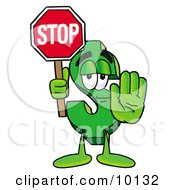Clipart Picture Of A Dollar Sign Mascot Cartoon Character Holding A Stop Sign by Toons4Biz