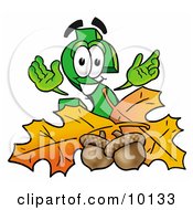 Poster, Art Print Of Dollar Sign Mascot Cartoon Character With Autumn Leaves And Acorns In The Fall