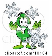 Poster, Art Print Of Dollar Sign Mascot Cartoon Character With Three Snowflakes In Winter