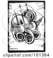 Black And White Wood Engraving Styled Squid With A Ship
