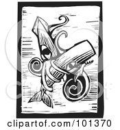 Black And White Wood Engraving Styled Squid With A Whale