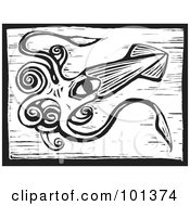 Royalty Free RF Clipart Illustration Of A Black And White Engraved Squid With Long Tentacles