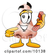 Clipart Picture Of A Nose Mascot Cartoon Character Holding A Telephone