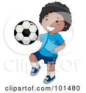 Royalty Free RF Clipart Illustration Of A Happy Black Boy Kicking A Soccer Ball With His Knee