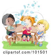 Royalty Free RF Clipart Illustration Of A Black Boy And White Girls Blowing Bubbles On A Bench