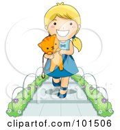 Poster, Art Print Of Happy Blond Girl Walking On A Sidewalk And Carrying A Kitten