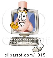 Clipart Picture Of A Nose Mascot Cartoon Character Waving From Inside A Computer Screen