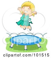 Happy Blond Girl Jumping High On A Trampoline