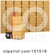 3d Red Hand Truck Loaded With Boxes In A Shipping Warehouse
