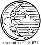 Royalty Free RF Clipart Illustration Of A Black And White Crescent Moon Face And Stars In The Night Sky by Andy Nortnik