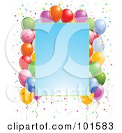 Poster, Art Print Of Gradient Blue Party Sign Bordered With Confetti And Party Balloons