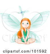 Poster, Art Print Of Red Haired Fairy Girl In A Green Dress Looking Up At A Butterfly
