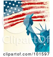 Poster, Art Print Of Grungy American Background Of The Flag And The Statue Of Liberty