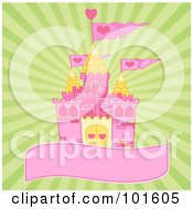Royalty Free RF Clipart Illustration Of A Pink And Yellow Castle On A Blank Banner Over A Green Burst Background