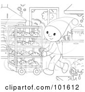 Poster, Art Print Of Coloring Page Outline Of A Chef Elf Pushing A Cart Of Breads