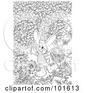 Poster, Art Print Of Coloring Page Outline Of An Easter Bunny Holding Flowers And A Basket