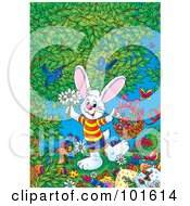 Poster, Art Print Of Easter Bunny Holding Flowers And A Basket Under A Tree