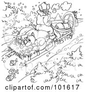 Royalty Free RF Clipart Illustration Of A Coloring Page Outline Of A Fox With Fish Hitching A Ride On A Sled