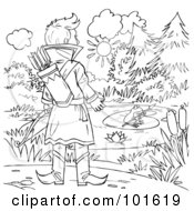 Royalty Free RF Clipart Illustration Of A Coloring Page Outline Of A Man Watching A Frog With An