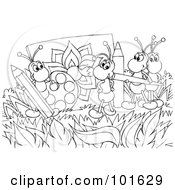 Royalty Free RF Clipart Illustration Of A Coloring Page Outline Of Happy Ants Painting A Flower