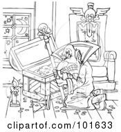 Royalty Free RF Clipart Illustration Of A Coloring Page Outline Of An Evil Wizard Before A Treasure Chest by Alex Bannykh