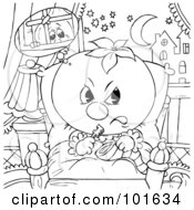 Royalty Free RF Clipart Illustration Of A Coloring Page Outline Of A Mean Tomato Holding A Key